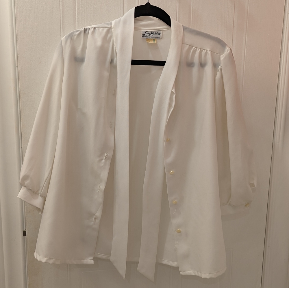 ✨BOGO ALL $5 ITEMS✨ lady holiday sheer tie-neck button-up blouse